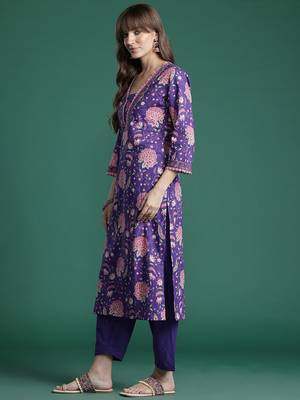 Floral Printed Beads & Stones Pure Cotton Kurta with Trousers & With Dupatta 5