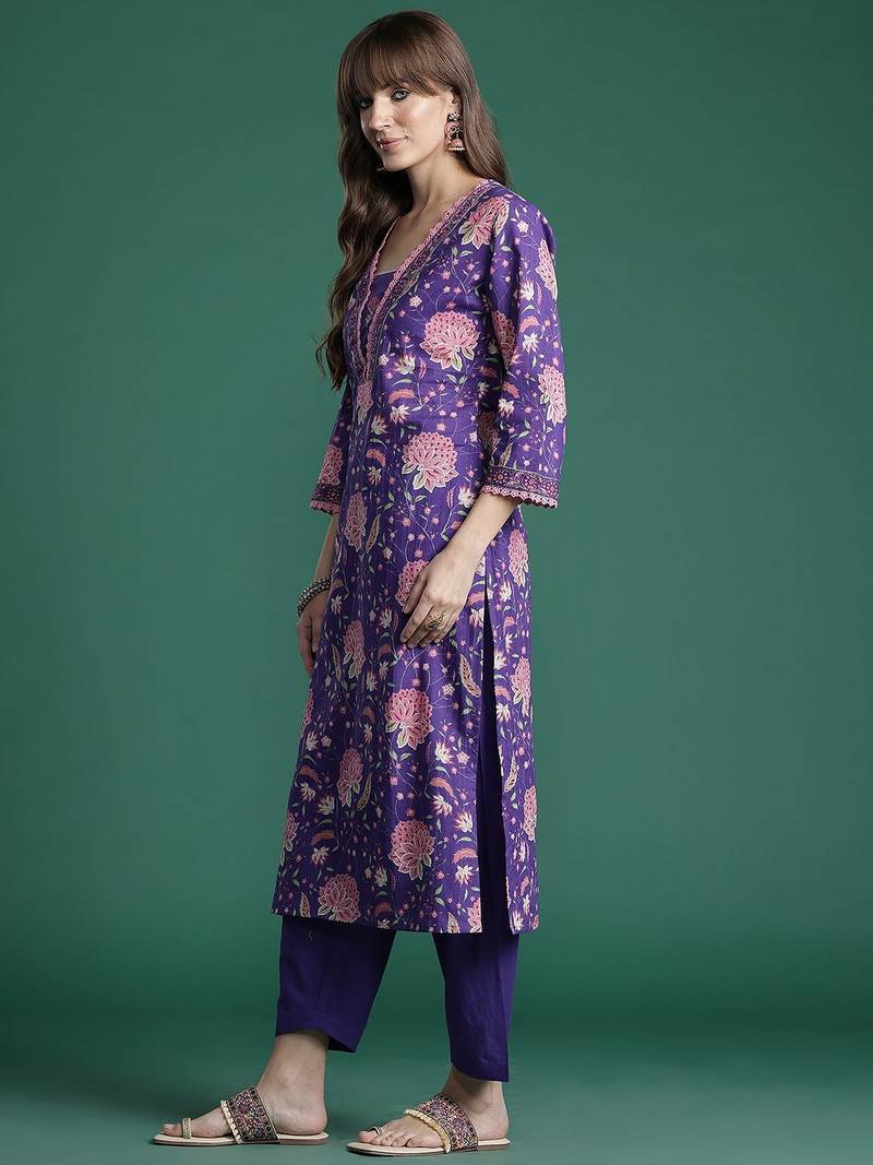 Floral Printed Beads & Stones Pure Cotton Kurta with Trousers & With Dupatta