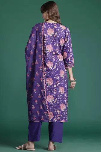 Floral Printed Beads & Stones Pure Cotton Kurta with Trousers & With Dupatta