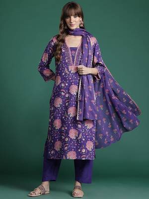 Floral Printed Beads & Stones Pure Cotton Kurta with Trousers & With Dupatta 7