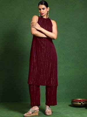 Women Striped Woven Design Kurta with Trousers 1