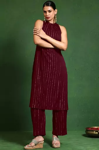 Women Striped Woven Design Kurta with Trousers