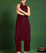 Women Striped Woven Design Kurta with Trousers