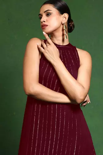 Women Striped Woven Design Kurta with Trousers