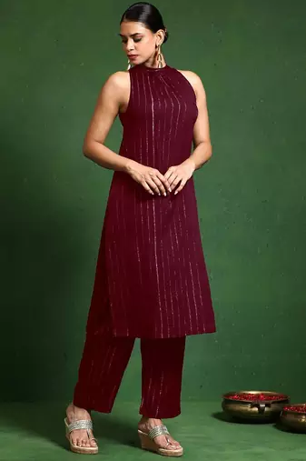 Women Striped Woven Design Kurta with Trousers