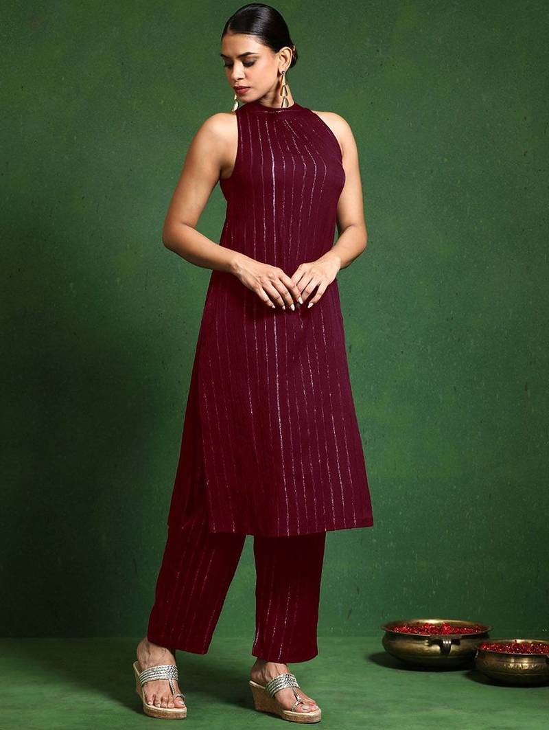 Women Striped Woven Design Kurta with Trousers
