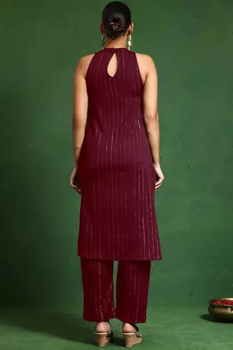 Women Striped Woven Design Kurta with Trousers