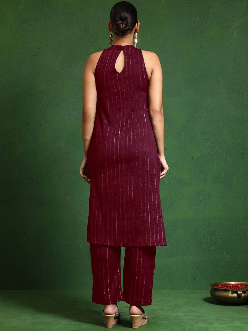 Women Striped Woven Design Kurta with Trousers