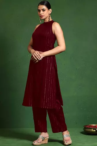 Women Striped Woven Design Kurta with Trousers