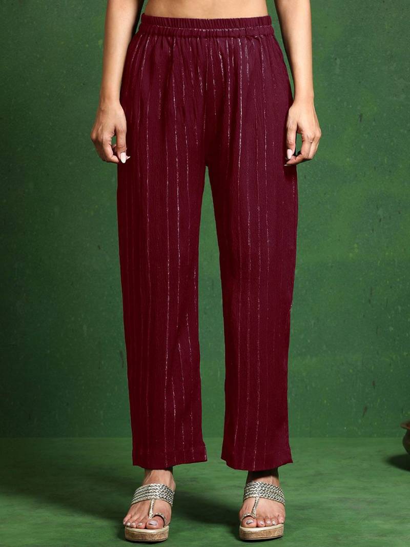 Women Striped Woven Design Kurta with Trousers