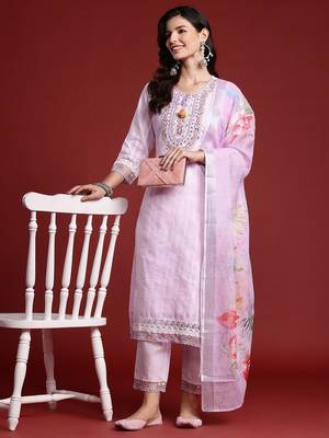 Floral & Mirror Embellished Pure Cotton Kurta with Trousers & Dupatta 1