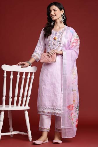 Floral & Mirror Embellished Pure Cotton Kurta with Trousers & Dupatta