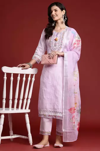Floral & Mirror Embellished Pure Cotton Kurta with Trousers & Dupatta