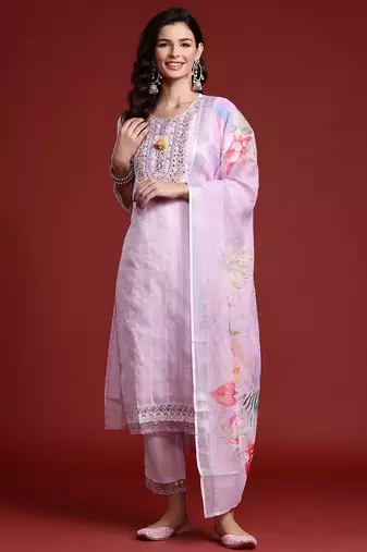 Floral & Mirror Embellished Pure Cotton Kurta with Trousers & Dupatta
