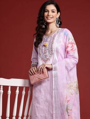 Floral & Mirror Embellished Pure Cotton Kurta with Trousers & Dupatta 3