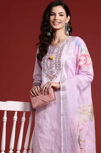 Floral & Mirror Embellished Pure Cotton Kurta with Trousers & Dupatta