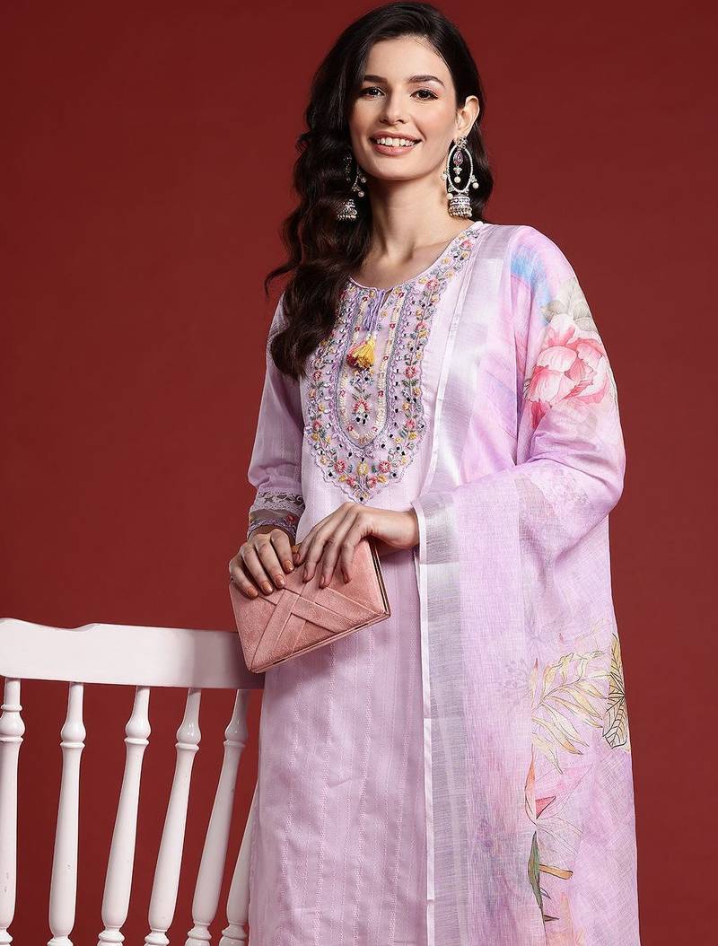 Floral & Mirror Embellished Pure Cotton Kurta with Trousers & Dupatta