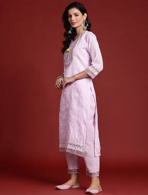 Floral & Mirror Embellished Pure Cotton Kurta with Trousers & Dupatta 6