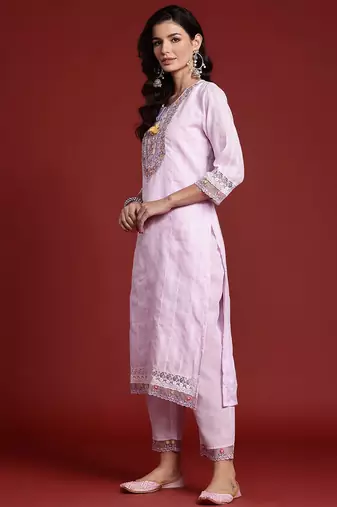 Floral & Mirror Embellished Pure Cotton Kurta with Trousers & Dupatta