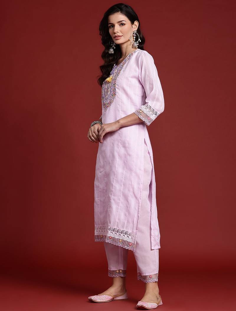Floral & Mirror Embellished Pure Cotton Kurta with Trousers & Dupatta