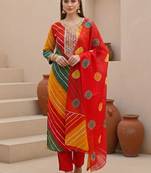 Women Leheriya Dyed Regular Thread Work Kurta with Trousers & With Dupatta