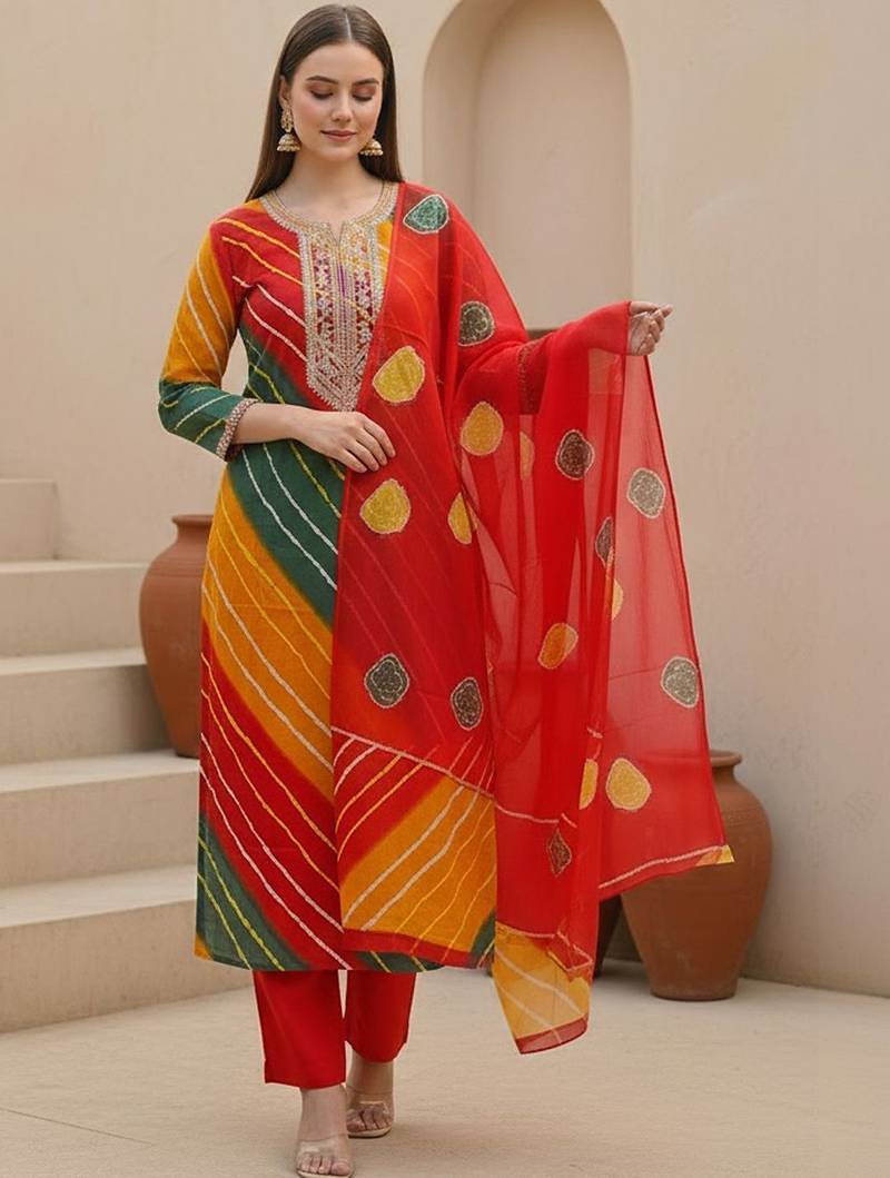 Women Leheriya Dyed Regular Thread Work Kurta with Trousers & With Dupatta