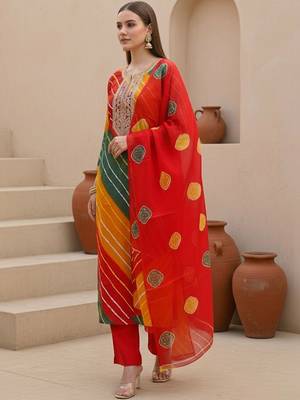 Women Leheriya Dyed Regular Thread Work Kurta with Trousers & With Dupatta 4
