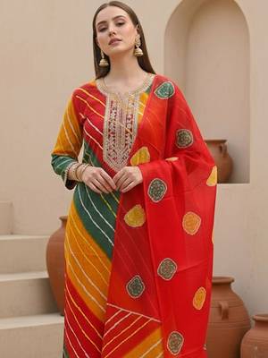 Women Leheriya Dyed Regular Thread Work Kurta with Trousers & With Dupatta 5