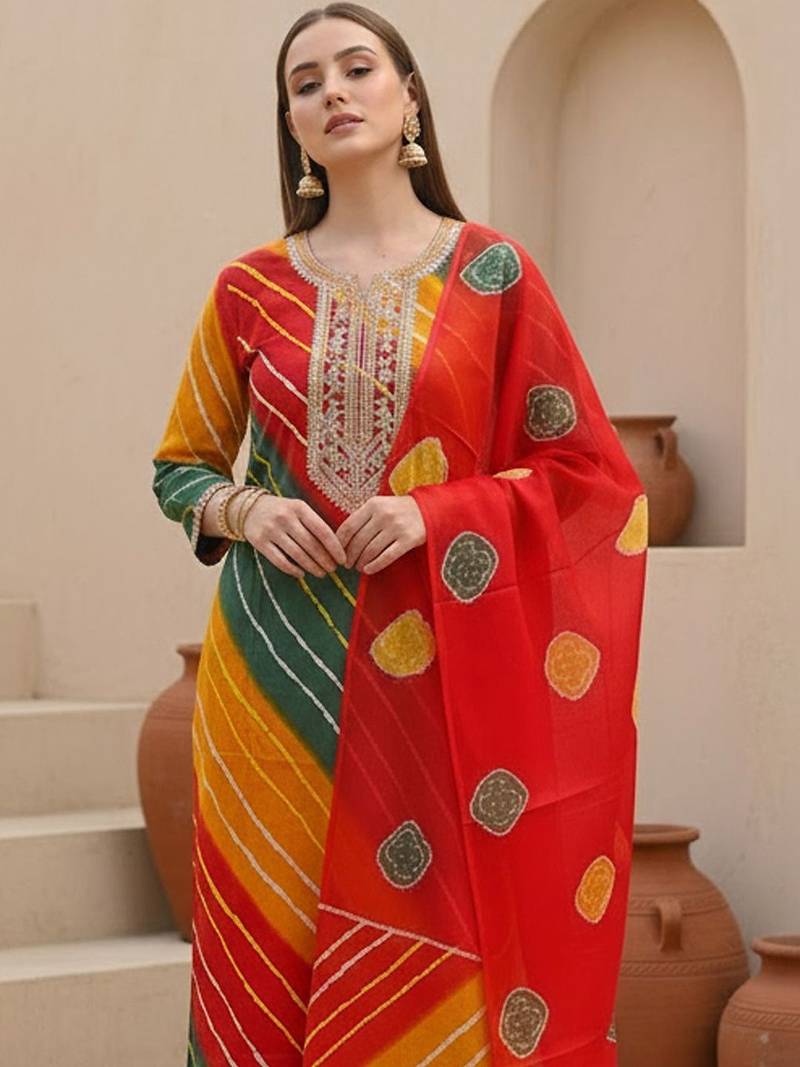 Women Leheriya Dyed Regular Thread Work Kurta with Trousers & With Dupatta