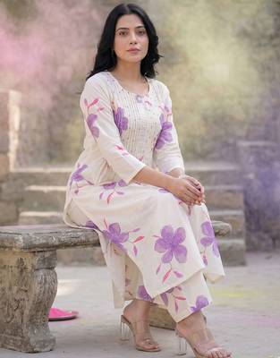 Floral Printed Round Neck Pleated Pure Cotton A-Line Kurta With Palazzos 1