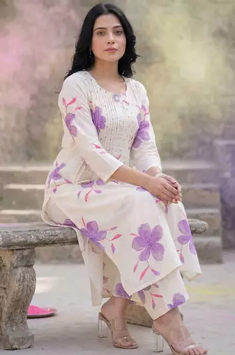 Floral Printed Round Neck Pleated Pure Cotton A-Line Kurta With Palazzos