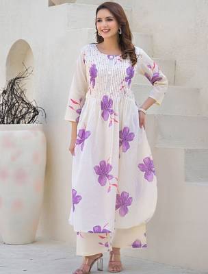 Floral Printed Round Neck Pleated Pure Cotton A-Line Kurta With Palazzos 2