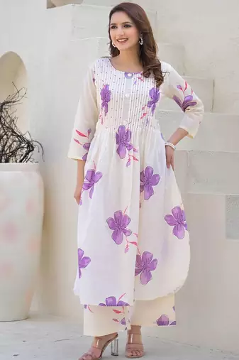 Floral Printed Round Neck Pleated Pure Cotton A-Line Kurta With Palazzos