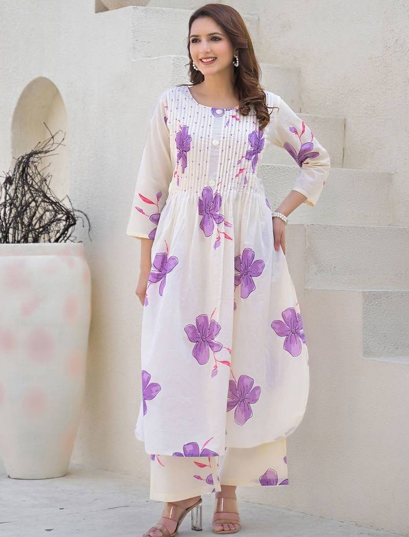 Floral Printed Round Neck Pleated Pure Cotton A-Line Kurta With Palazzos