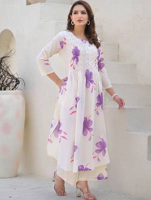 Floral Printed Round Neck Pleated Pure Cotton A-Line Kurta With Palazzos 4