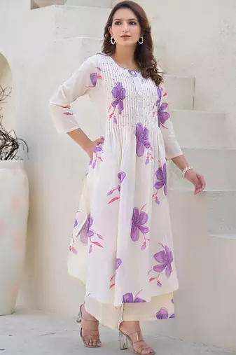 Floral Printed Round Neck Pleated Pure Cotton A-Line Kurta With Palazzos