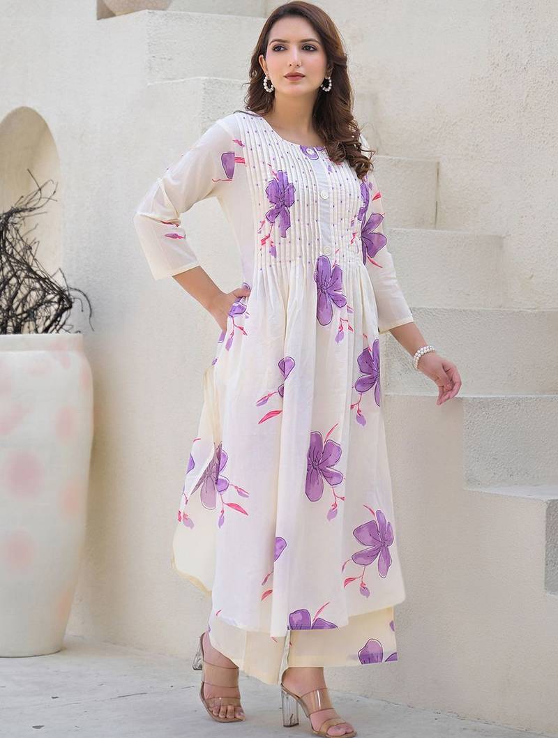 Floral Printed Round Neck Pleated Pure Cotton A-Line Kurta With Palazzos