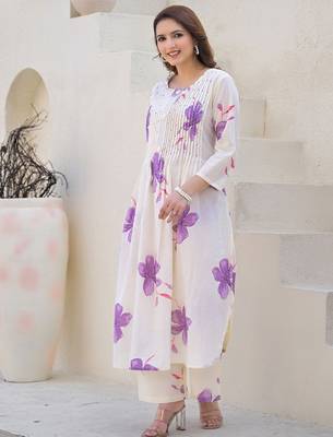 Floral Printed Round Neck Pleated Pure Cotton A-Line Kurta With Palazzos 5