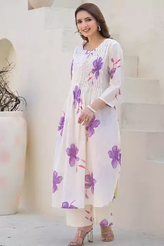 Floral Printed Round Neck Pleated Pure Cotton A-Line Kurta With Palazzos