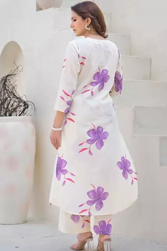 Floral Printed Round Neck Pleated Pure Cotton A-Line Kurta With Palazzos