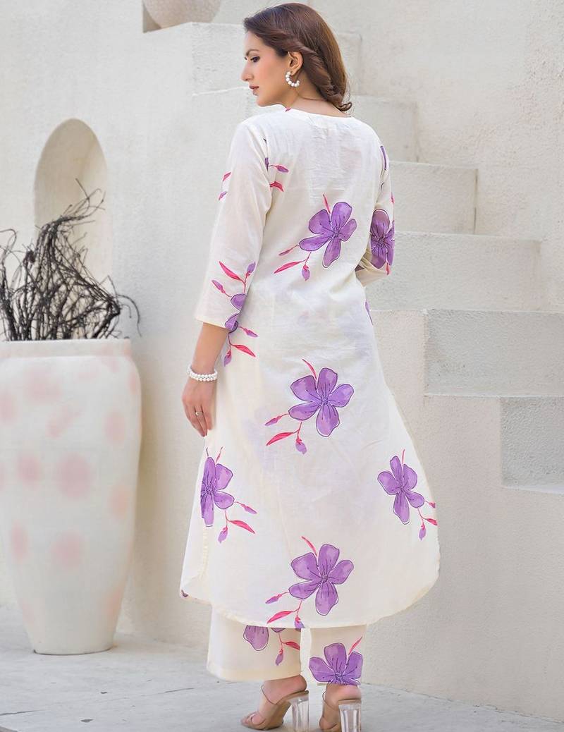 Floral Printed Round Neck Pleated Pure Cotton A-Line Kurta With Palazzos