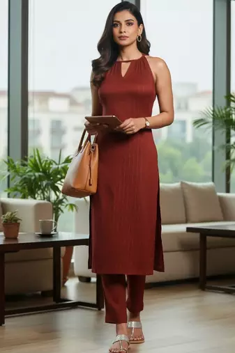 Women Striped Regular Silk Crepe Kurta with Trousers