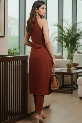 Women Striped Regular Silk Crepe Kurta with Trousers