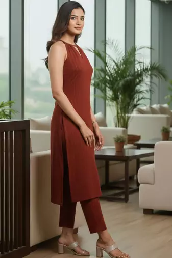 Women Striped Regular Silk Crepe Kurta with Trousers