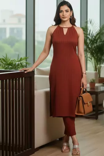 Women Striped Regular Silk Crepe Kurta with Trousers