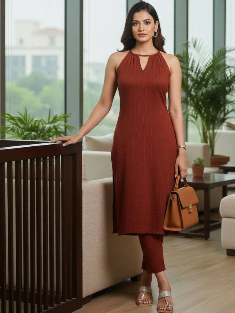 Women Striped Regular Silk Crepe Kurta with Trousers