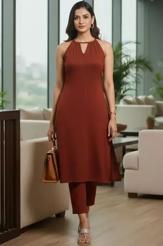 Women Striped Regular Silk Crepe Kurta with Trousers