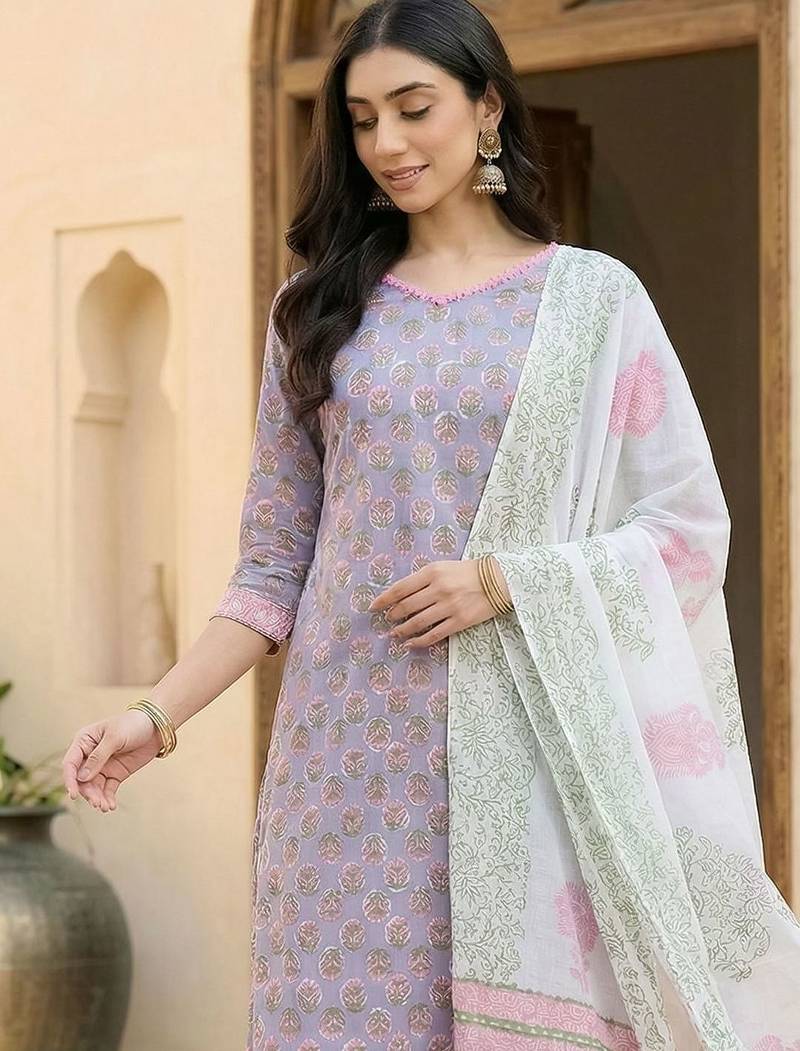 Women Floral Printed Regular Pure Cotton Kurta with Trousers & With Dupatta