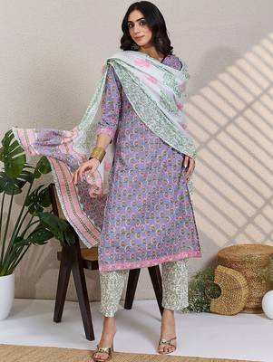Women Floral Printed Regular Pure Cotton Kurta with Trousers & With Dupatta 5