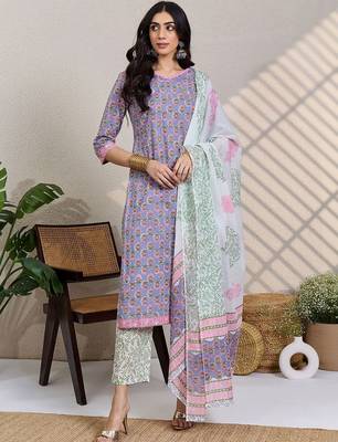 Women Floral Printed Regular Pure Cotton Kurta with Trousers & With Dupatta 7